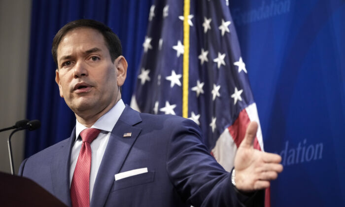 参议员 Marco Rubio（佛罗里达州共和党）于 2022 年 3 月 29 日在华盛顿的传统基金会发表讲话。（Drew Angerer/Getty Images）