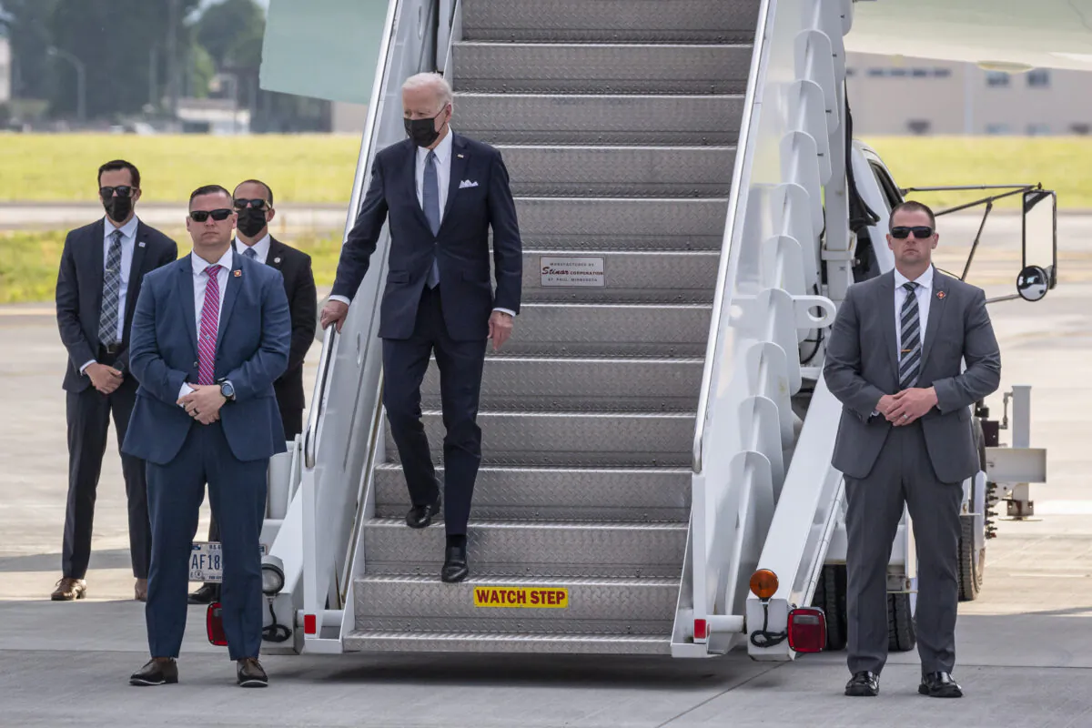 U.S. President Joe Biden arrives at Yokota Air Base on May 22, 2022 in Fussa, Tokyo, Japan. President Biden arrived in Japan after his visit to South Korea, part of a tour of Asia aimed at reassuring allies in the region. (Yuichi Yamazaki/Getty Images)