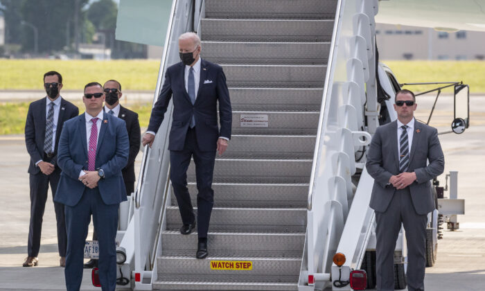 U.S. President Joe Biden arrives at Yokota Air Base on May 22, 2022 in Fussa, Tokyo, Japan. President Biden arrived in Japan after his visit to South Korea, part of a tour of Asia aimed at reassuring allies in the region. (Yuichi Yamazaki/Getty Images)