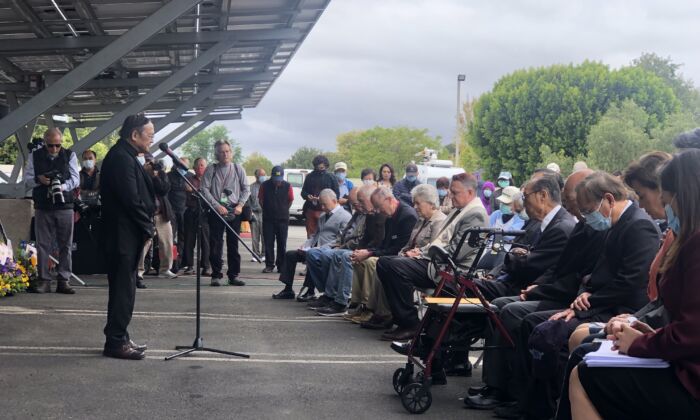 Pastor Albany Lee speaks to members of the Taiwanese community to mourn and honor the victims of a mass shooting at the Presbyterian Church in Laguna Woods, Calif., on May 21, 2022. (Brandon Drey/The Epoch Times)