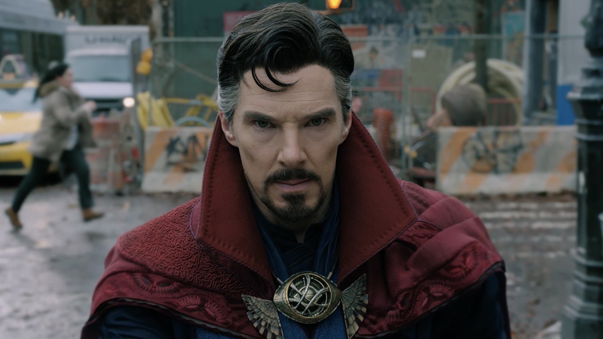 man in red cape in doctor strange in the multiverse of madness