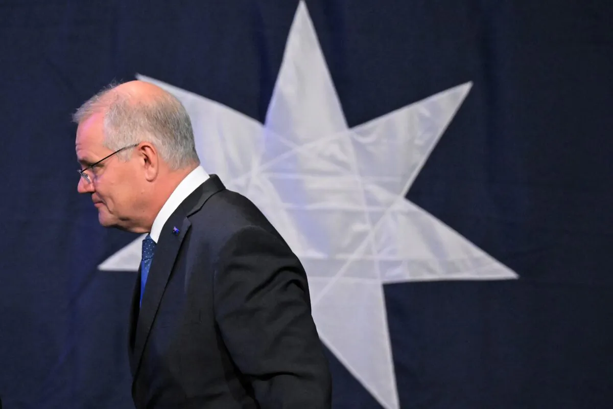 Outgoing Prime Minister Scott Morrison concedes defeat in the 2022 Federal Election, at the Federal Liberal Reception at The Fullerton Hotel, Sydney, Australia, on May 21, 2022. (AAP Image/Dean Lewins)