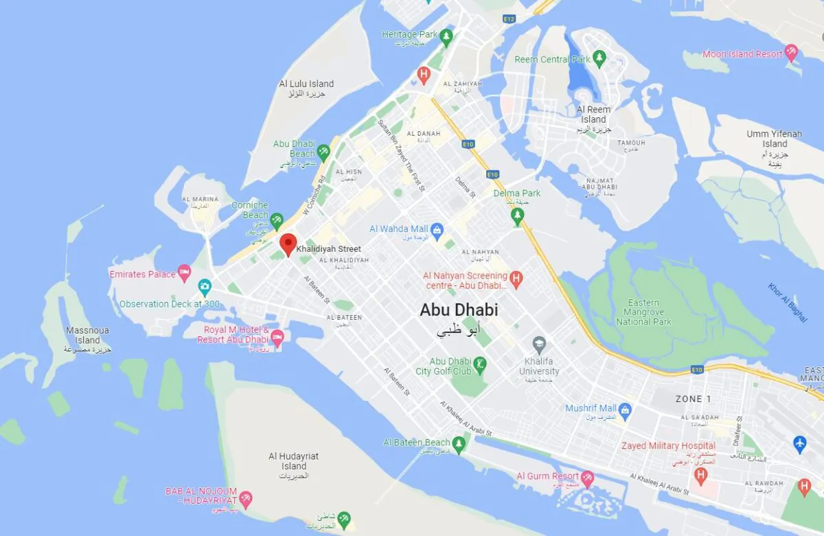 Location of the Khalidiyah district's area in Abu Dhabi, United Arab Emirates. (Google Maps/Screenshot via The Epoch Times)