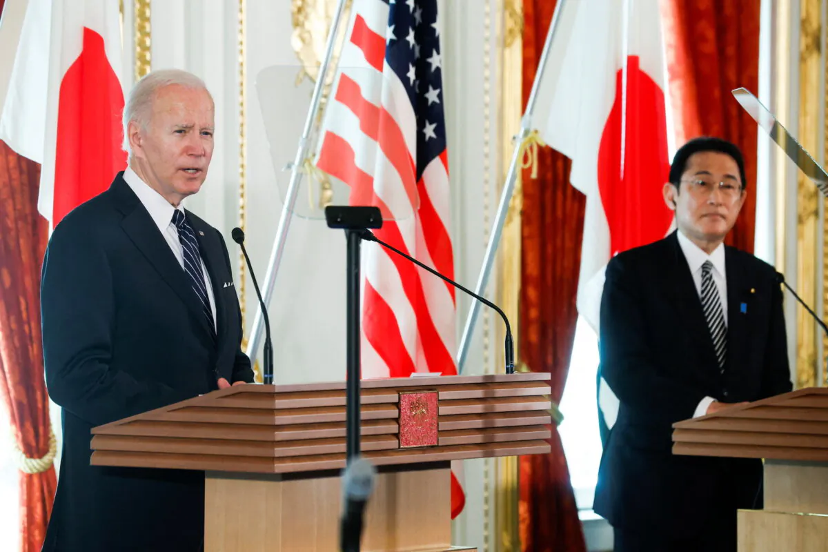 U.S. President Joe Biden speaks during a joint news conference with Japan's Prime Minister Fumio Kishida after their bilateral meeting at Akasaka Palace in Tokyo, Japan, on May 23, 2022. (Jonathan Ernst/Reuters)