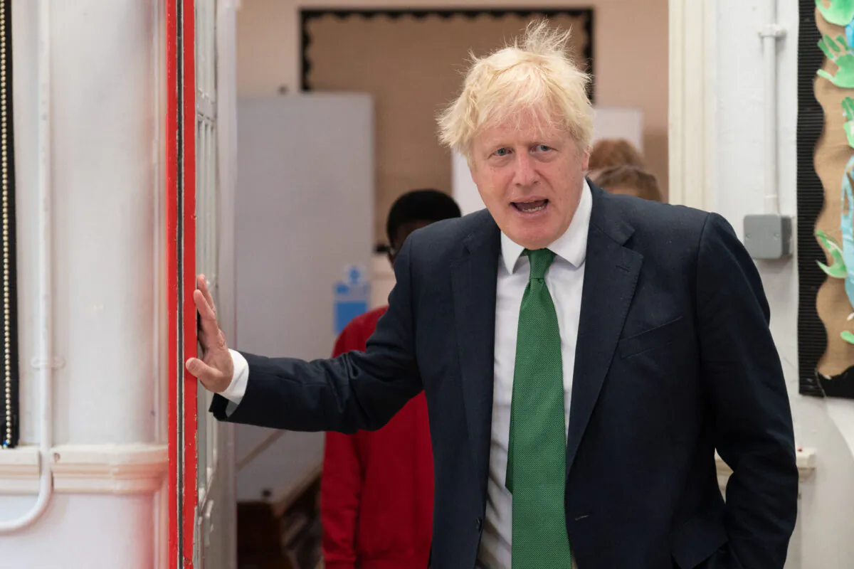 Britain's Prime Minister Boris Johnson at a visit to a primary school, where he updated reporters on the monkeypox situation in the UK, in south east London on May 23, 2022.(Stefan Rousseau/Pool/ AFP via Getty Images)