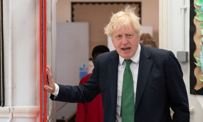 Britain's Prime Minister Boris Johnson at a visit to a primary school, where he updated reporters on the monkeypox situation in the UK, in south east London on May 23, 2022.(Stefan Rousseau/Pool/ AFP via Getty Images)