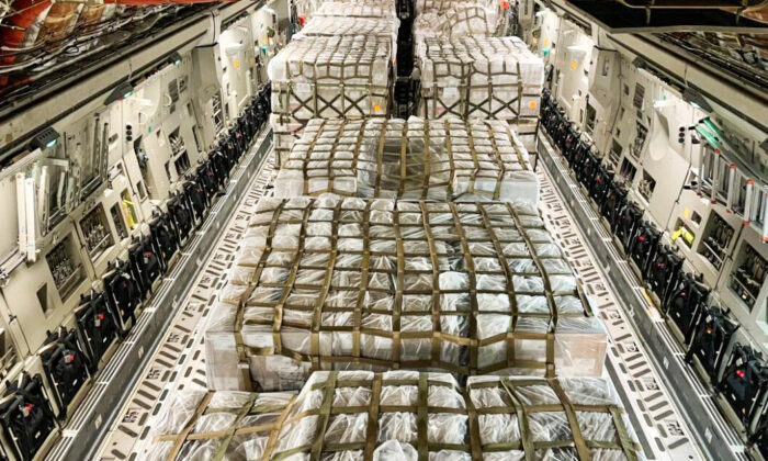 A shipment of baby formula is seen on a U.S. military C-17 at an airport in Indianapolis on May 22, 2022. (@POTUS on Twitter)
