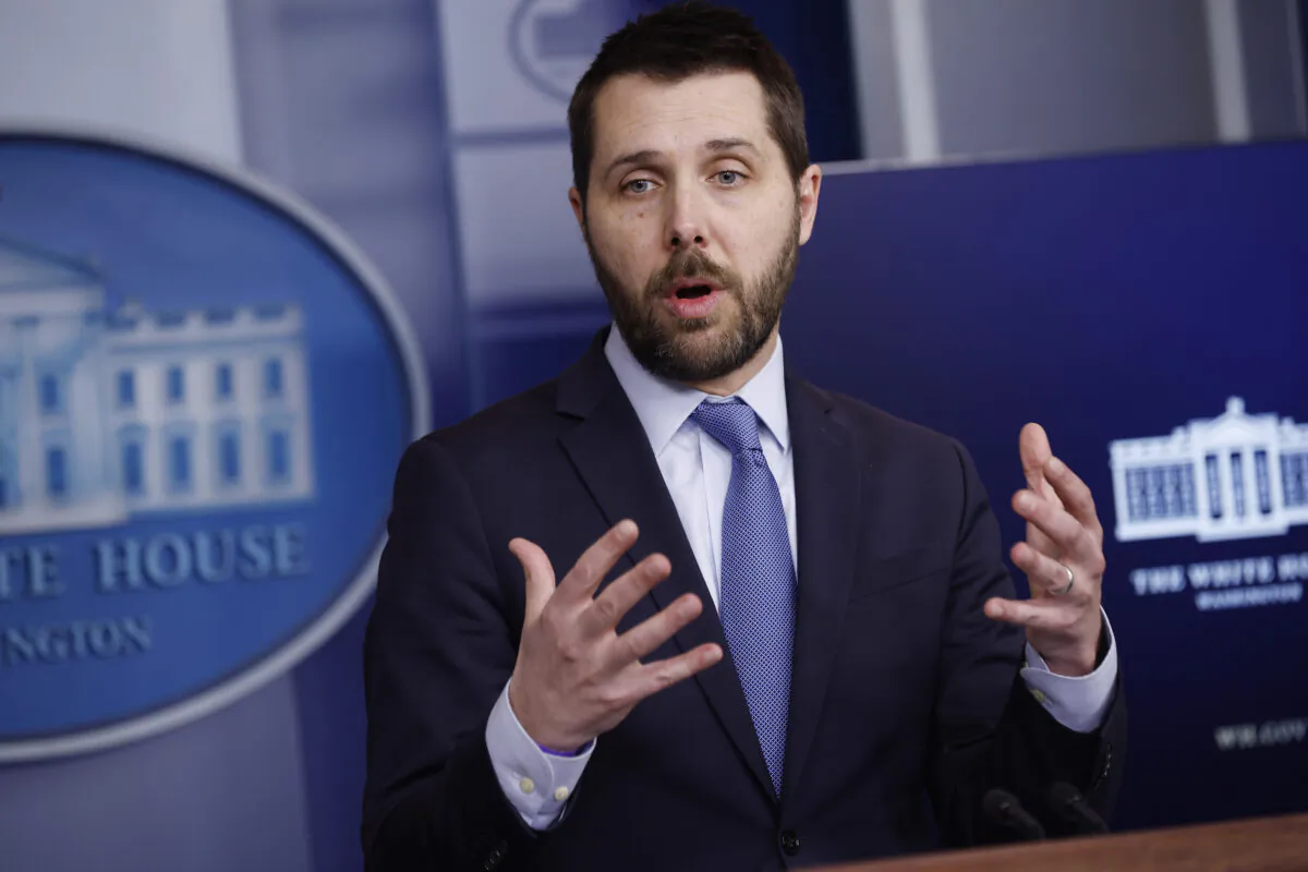 White House National Economic Council Director Brian Deese talks to reporters during a daily news conference in Washington on Dec. 9, 2021. (Chip Somodevilla/Getty Images)