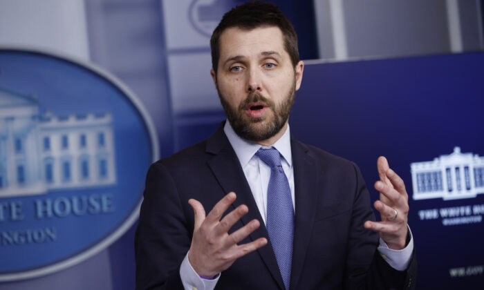 White House National Economic Council Director Brian Deese talks to reporters during a daily news conference in Washington on Dec. 9, 2021. (Chip Somodevilla/Getty Images)