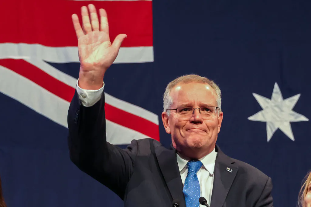 Prime Minister Scott Morrison concedes defeat following the results of the Federal Election during the Liberal Party election night event at the Fullerton Hotel on in Sydney, Australia, May 21, 2022. (Asanka Ratnayake/Getty Images)