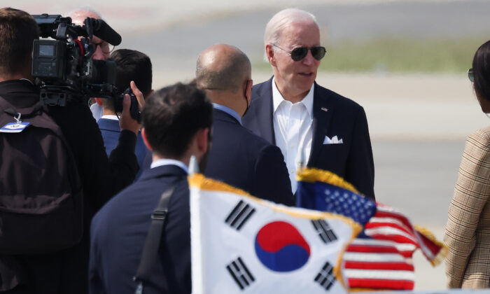 U.S. President Joe Biden arrives at Osan Air Base as he departs for Japan after his South Korea trip at Osan Air Force Base on May 22, 2022 in Pyeongtaek, South Korea. U.S. President Joe Biden and President Yoon Suk-yeol agreed to begin discussions on expanding joint military exercises between the two countries amid growing nuclear and missile threats from North Korea. (Photo by Kim Hong-Ji - Pool/Getty Images)