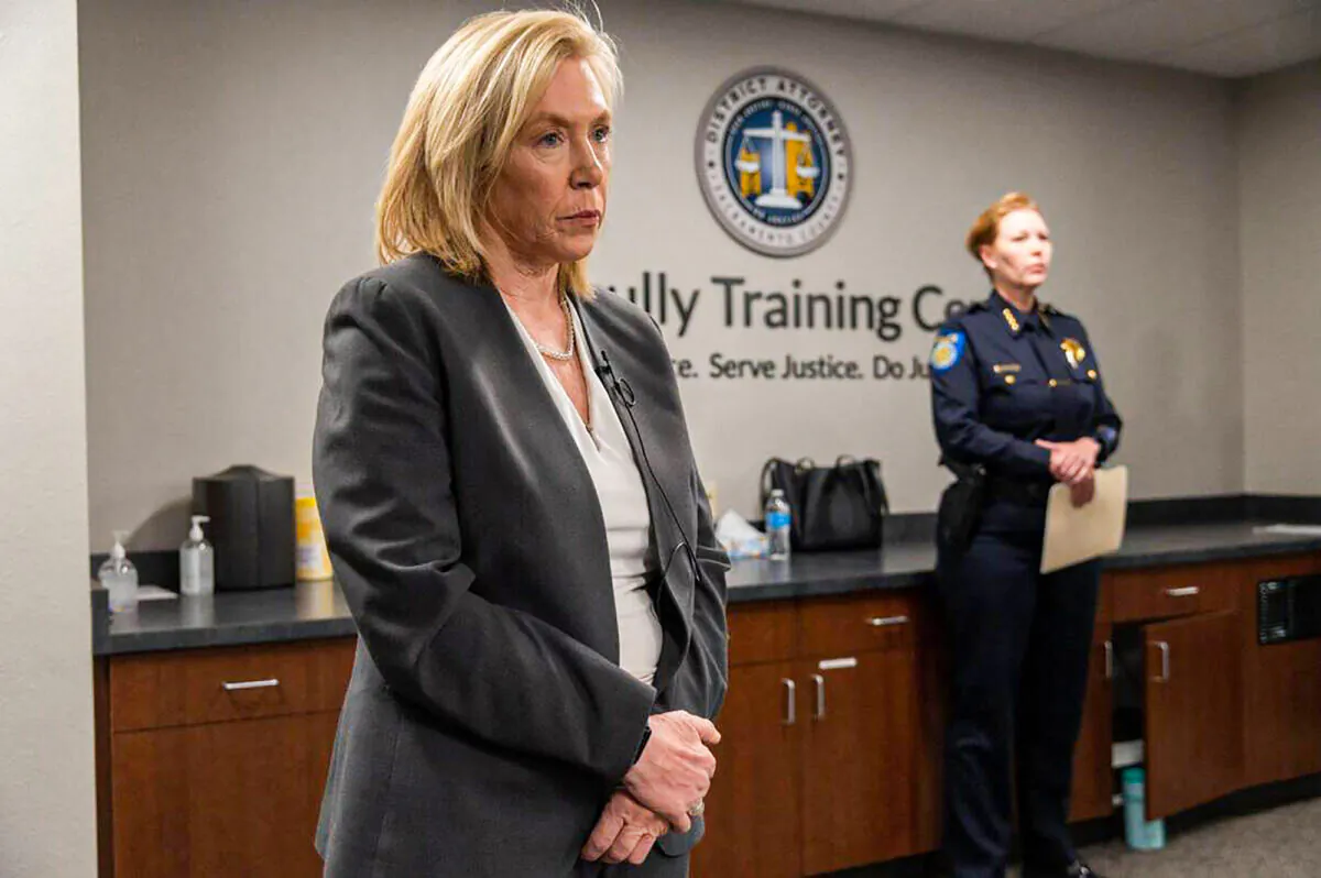 Sacramento County District Attorney Anne Marie Schubert (L) and Sacramento Police Department Chief Katherine Lester at the Sacramento County District Attorney’s Office in Sacramento, Calif., on May 3, 2022. (Paul Kitagaki Jr./The Sacramento Bee/TNS)
