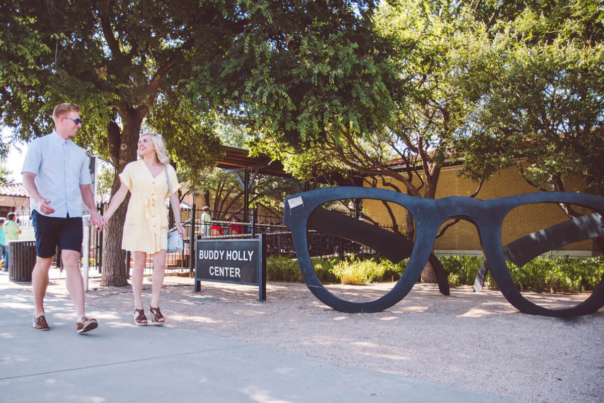 A sculpture of his signature glasses marks the entrance to the Buddy Holly Center in Lubbock, Texas. (Visit Lubbock/TNS)