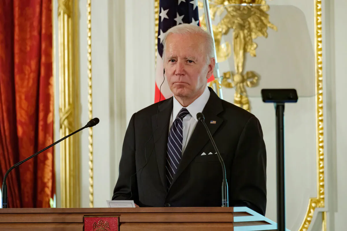 President Joe Biden attends a joint press conference with Japanese Prime Minister Fumio Kishida following their bilateral summit at the Akasaka State Guest House in Tokyo, Japan, on May 23, 2022. (Nicolas Datiche/Getty Images)