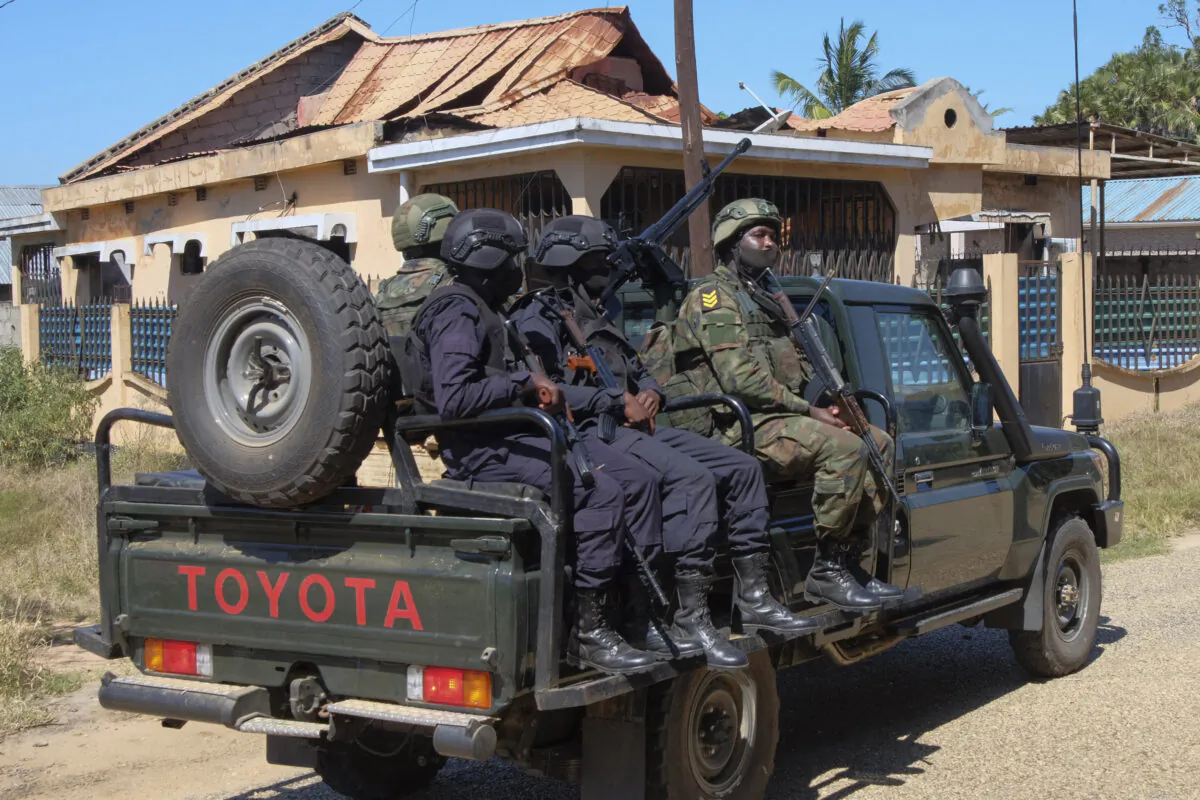 Rwandan soldiers patrol in Mocimboa da Praia, northern Mozambique, on August 12, 2021. (Emidio Jozine/AFP via Getty Images)