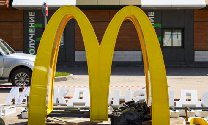 The dismantled McDonald's Golden Arches after the logo signage was removed from a drive-through restaurant of McDonald's in Khimki outside Moscow, Russia on May 23, 2022. (Lev Sergeev/Reuters) 