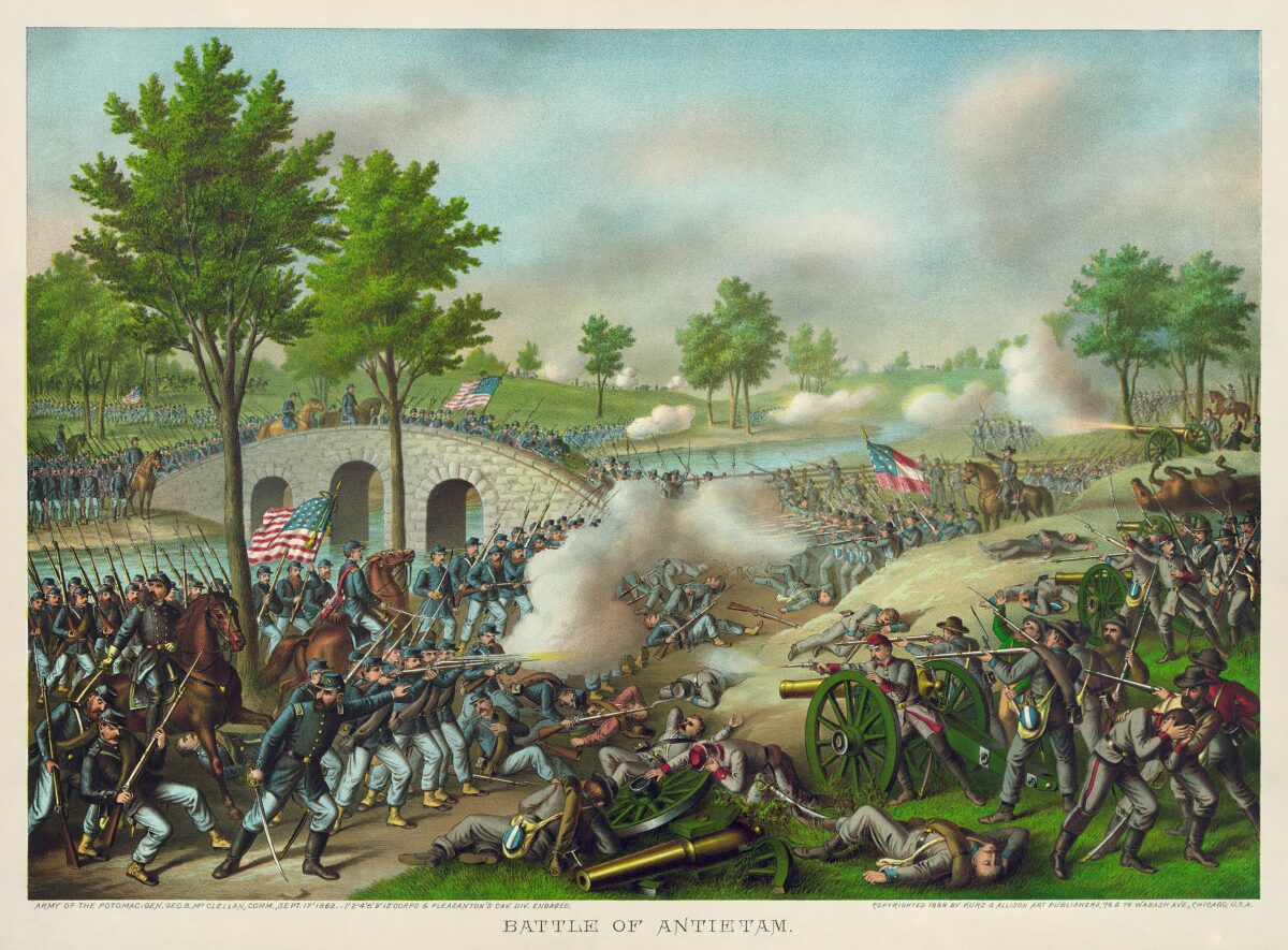 A color lithograph portraying the Battle of Antietam, the bloodiest battle ever fought on American soil, circa 1888.
 (Library of Congress)