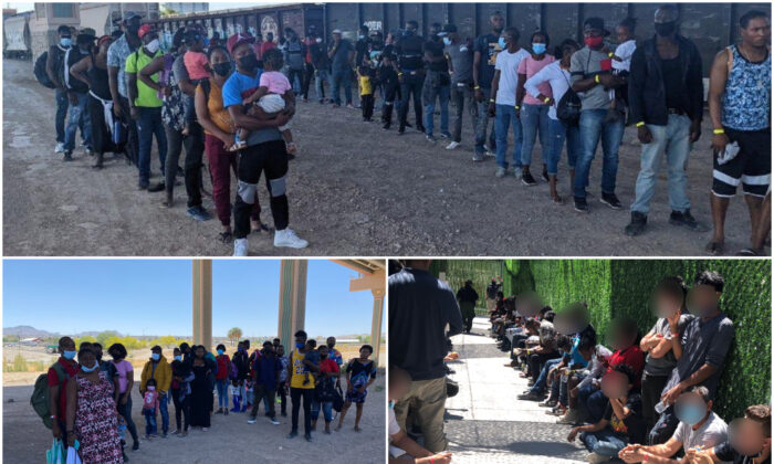More than 1,200 illegal immigrants, including nationals from Haiti, Cuba, Nicaragua, and Turkey, enter the United States from Mexico in El Paso, Texas, on May 14, 2022. (El Paso Border Patrol)