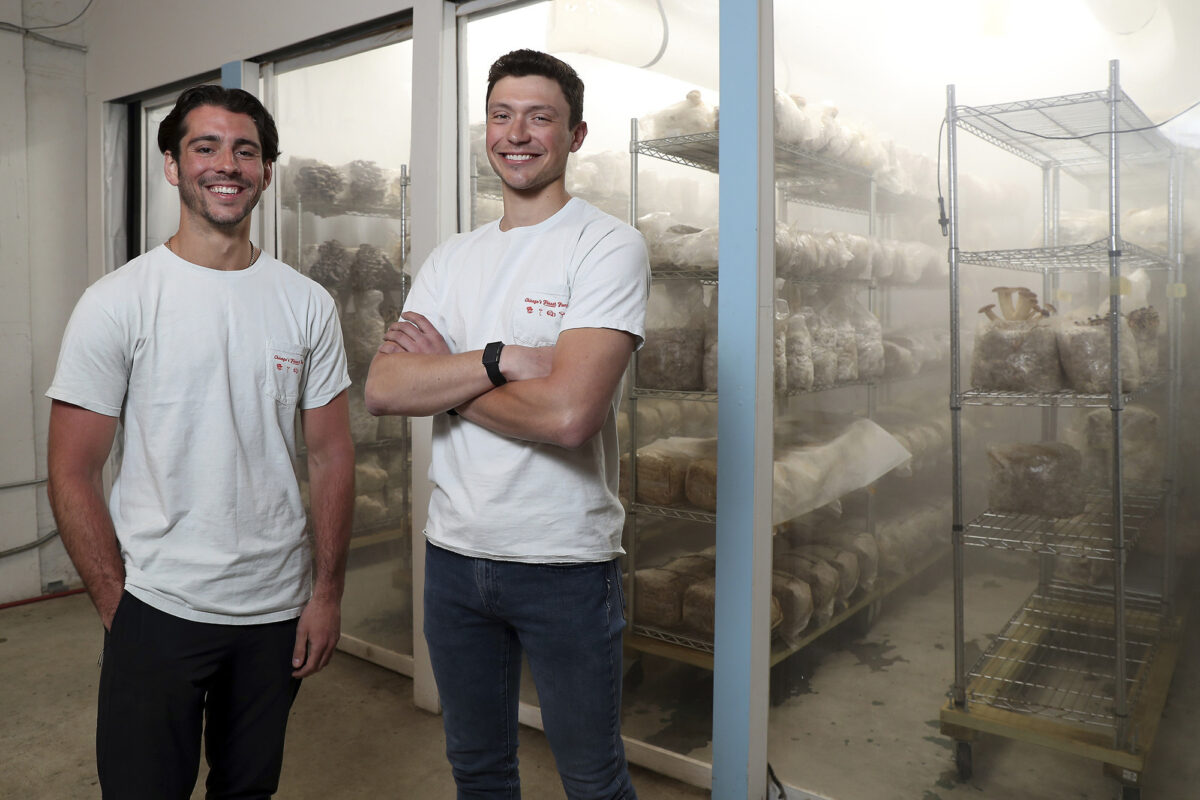 Sean DiGioia, left, and Joe Weber of Four Star Mushrooms at the company’s indoor growing room in Chicago on May 17, 2022. (Terrence Antonio James/Chicago Tribune/TNS)