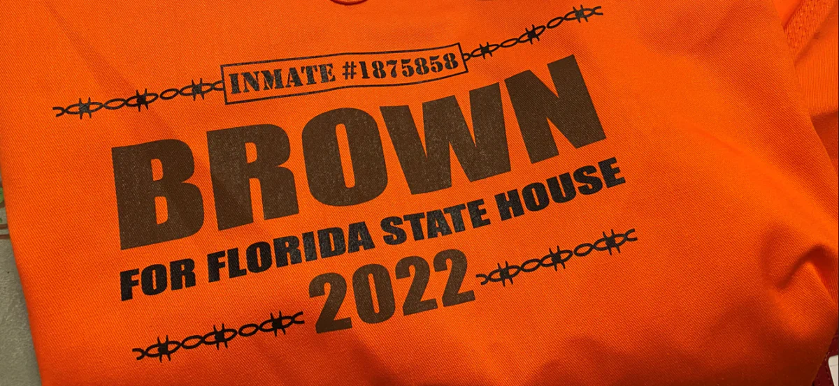 Volunteers for Jeremy Brown's Florida House campaign will receive special orange jailhouse scrubs to wear in support of Brown, a candidate for Florida House District 62 and a Jan. 6 prisoner. (Patricia Tolson/The Epoch Times)