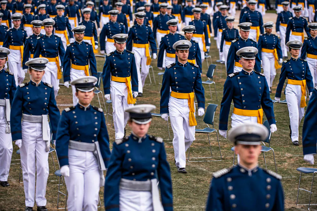 Air Force Academy cadets march into their graduation ceremony in Colorado Springs, Colo. on April 18, 2020. (Photo by Michael Ciaglo/Getty Images)