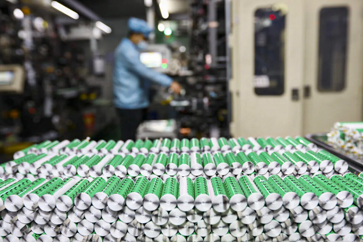 Lithium batteries displayed in the workshop of a lithium battery manufacturing company in Huaibei, eastern China's Anhui Province, on Nov. 14, 2020. (STR/AFP via Getty Images)