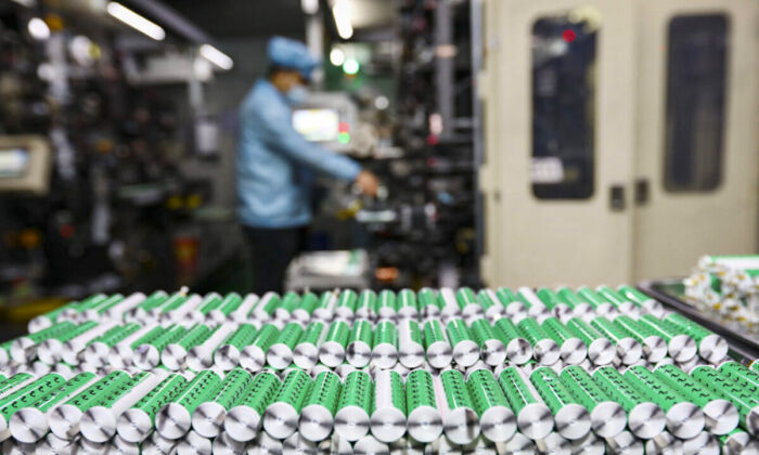 Lithium batteries displayed in the workshop of a battery manufacturing facility on Nov. 14, 2020. (STR/AFP via Getty Images)