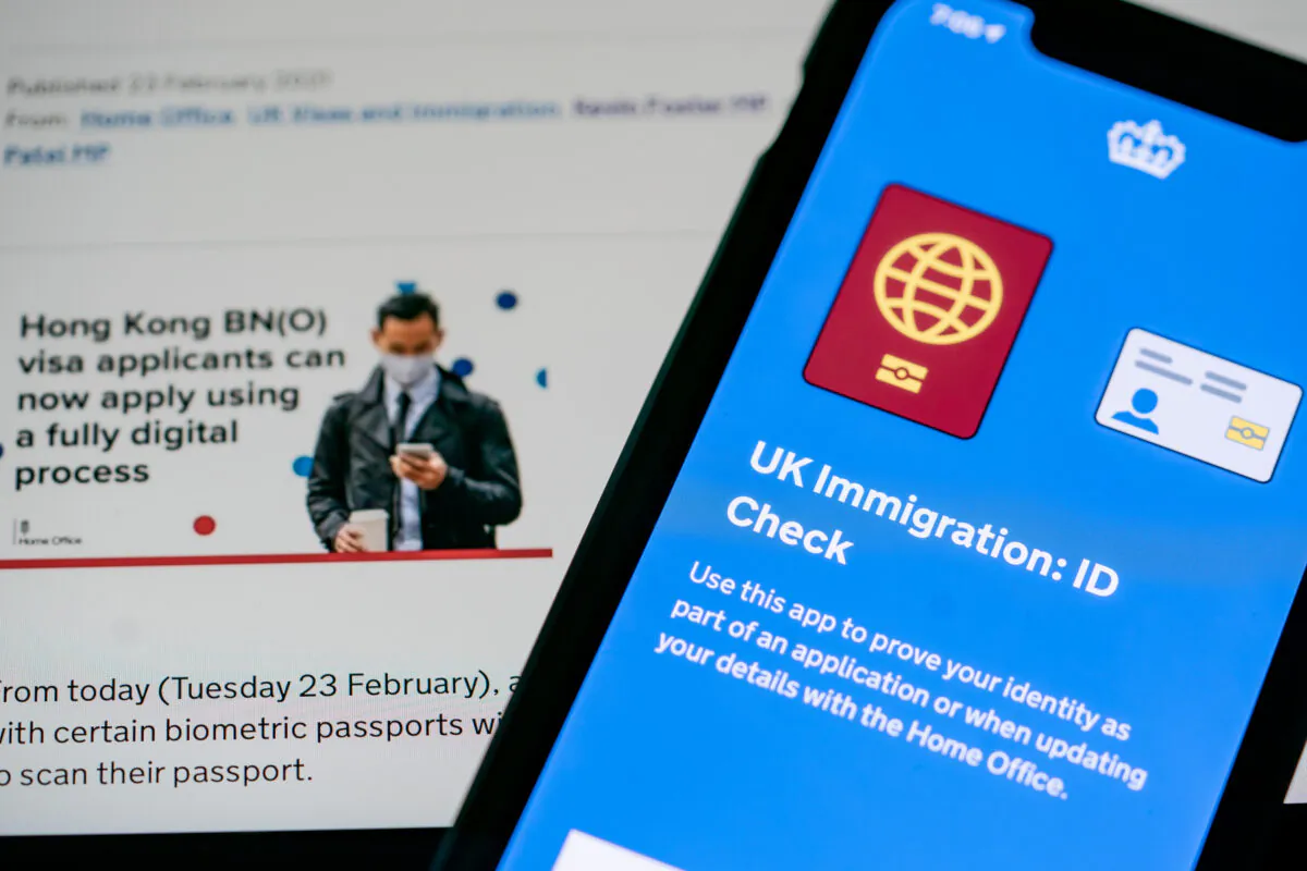 The UK Immigration: ID Check app on a mobile phone, February 23, 2021 in Hong Kong, China. (Anthony Kwan/Getty Images)