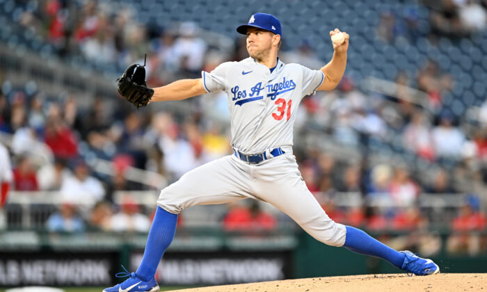 Tyler Anderson #31 of the Los Angeles Dodgers pitches in the second inning against the Washington Nationals at Nationals Park, in Washington, DC, on May 23, 2022. (Greg Fiume/Getty Images)