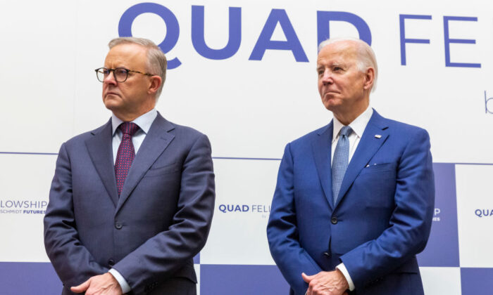 Australian Prime Minister Anthony Albanese (L) and U.S. President Joe Biden attend the Quad Fellowship Founding Celebration event in Tokyo, Japan, on May 24, 2022. (Yuichi Yamazaki/Getty Images)