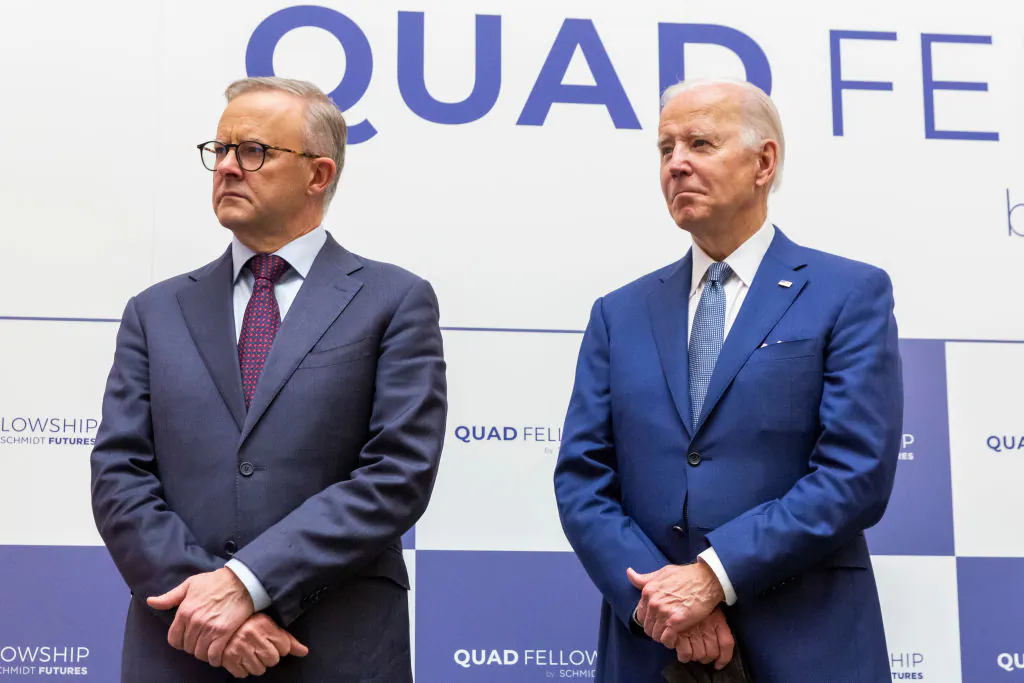 Australian Prime Minister Anthony Albanese (L) and U.S. President Joe Biden attend the Quad Fellowship Founding Celebration event in Tokyo, Japan, on May 24, 2022. (Yuichi Yamazaki/Getty Images)