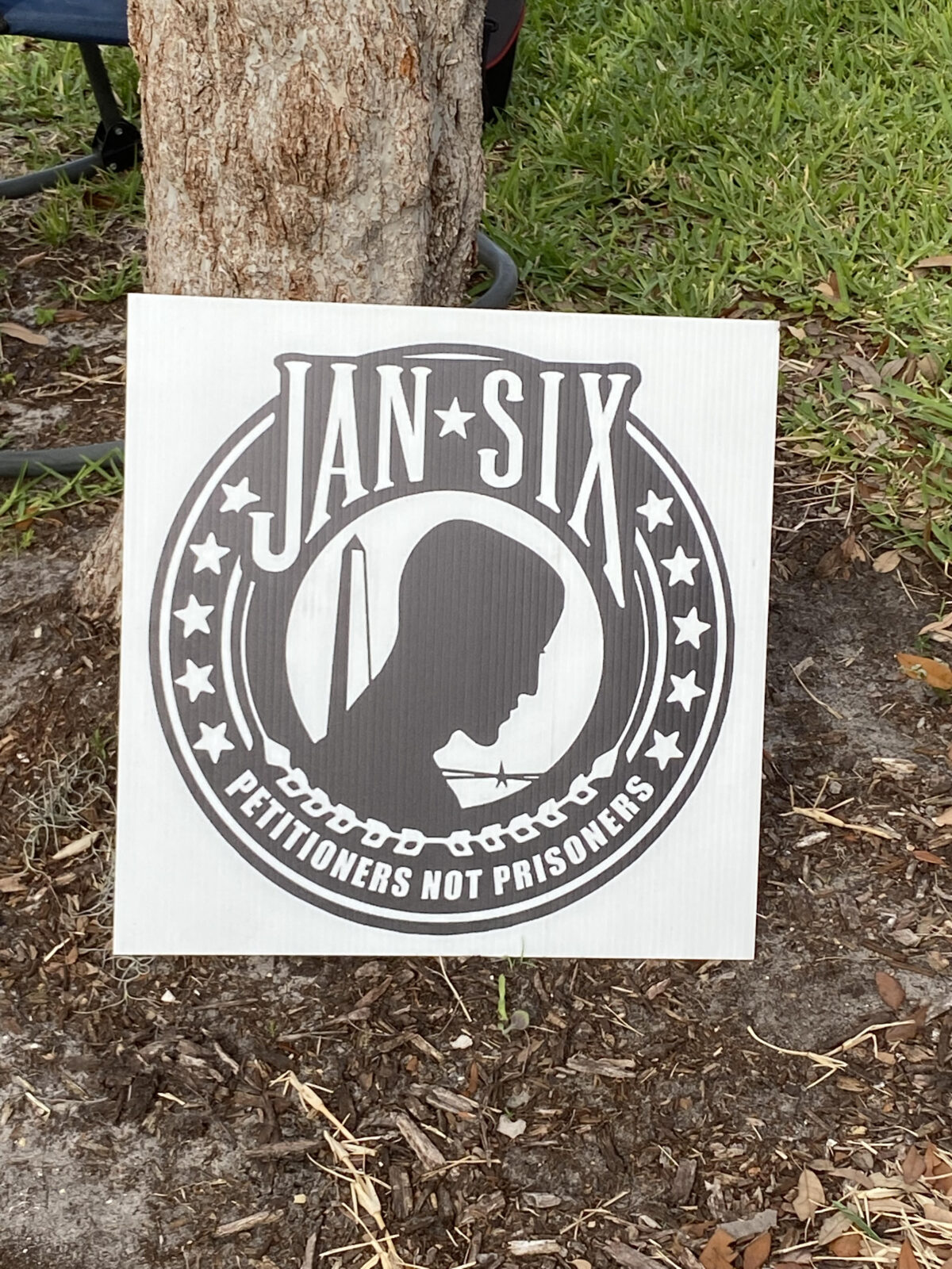 The Jan-Six logo, designed to represent the prisoners being held for their participation or simple presence at the Stop the Steal rally in Washington, D.C. on January 6, 2021.