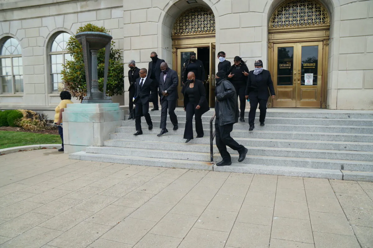 John Johnson, the militia leader accused of pointing his rifle at law enforcement, leaves court in Louisville, Ky., on May 23, 2022. (Ken Silva/The Epoch Times)