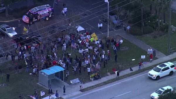Aerial photo of rally outside of the Pinellas County Jail in Clearwater, Florida on the one-year anniversary of the Stop the Steal protest in Washington, D.C. on January 6, 2021 in support of all of the January 6 prisoners incarcerated across the United States.