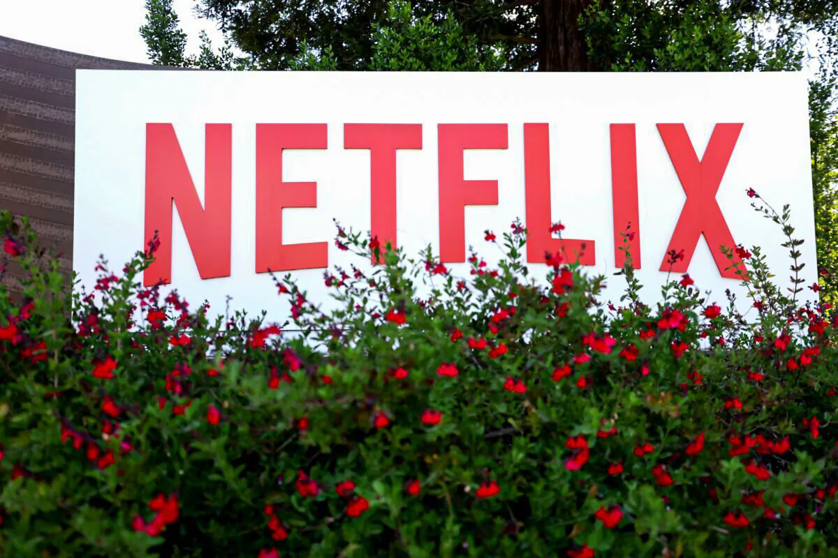 A sign is posted in front of Netflix headquarters in Los Gatos, Calif. on April 20, 2022. (Justin Sullivan/Getty Images)