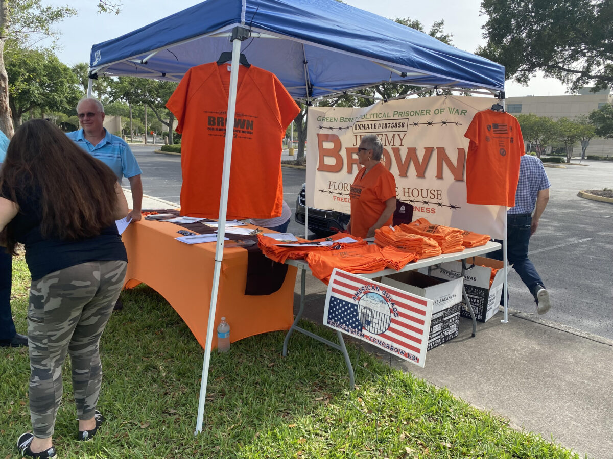 Campaign tent at the May 22, 2022 rally held outside of the Pinellas County Jail in Clearwater, Florida in support of Jeremy Brown, January 6 prisoner and candidate for Florida State Representative, District 62.