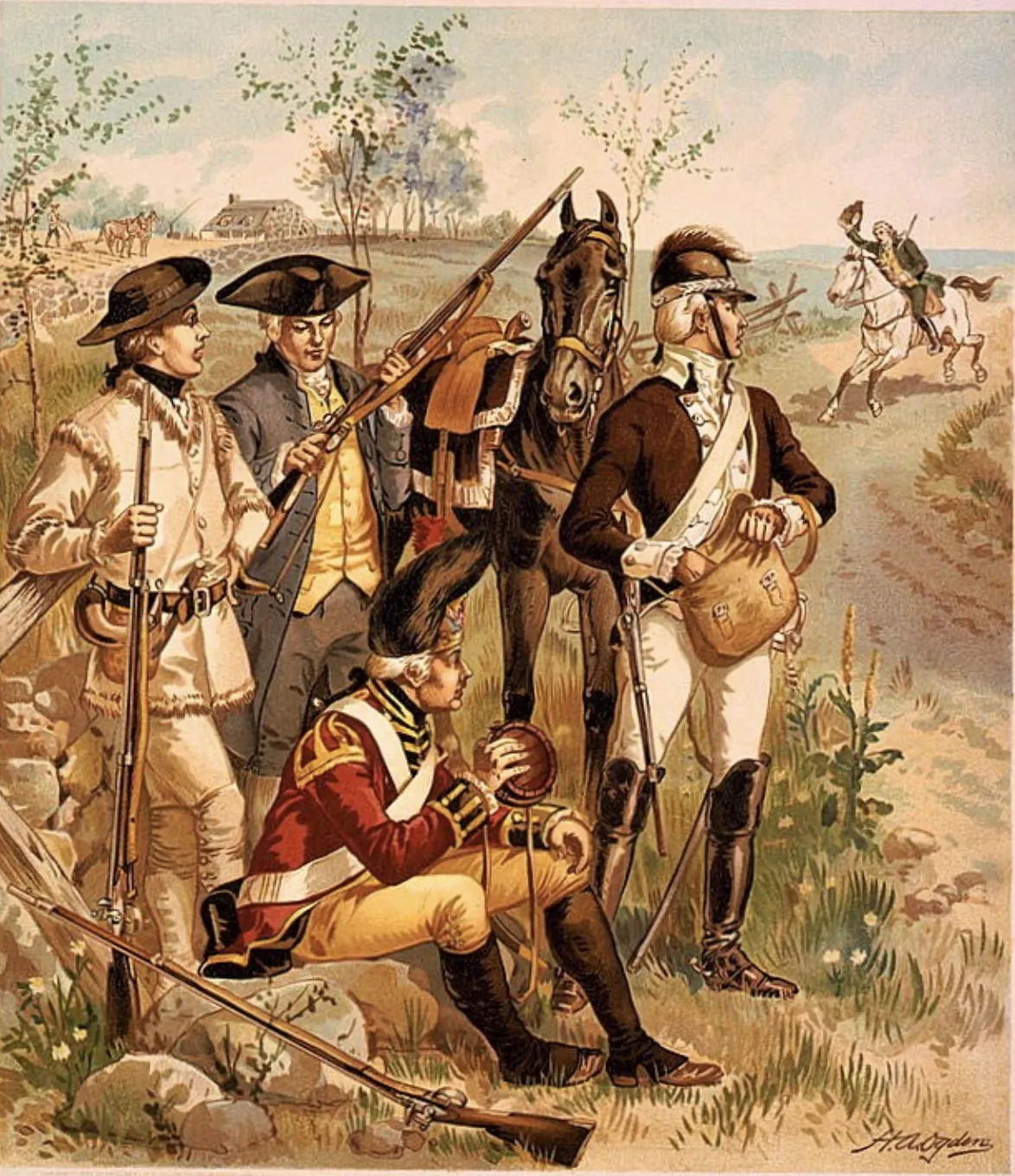 Soldiers in the
early years of the American Revolution wore mismatched uniforms and civilian clothing, illustrated by H.A. Ogden, 1891. Lithography by G.H. Buek & Co. (Public Domain)