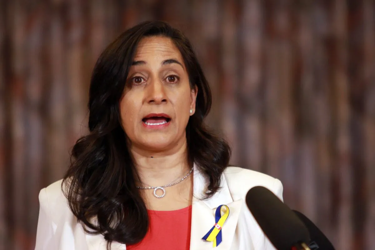 Minister of National Defence Anita Anand makes an announcement in support of Ukraine during a press conference at the Ukrainian Cultural Centre in Victoria, B.C., on May 24, 2022. (The Canadian Press/Chad Hipolito)