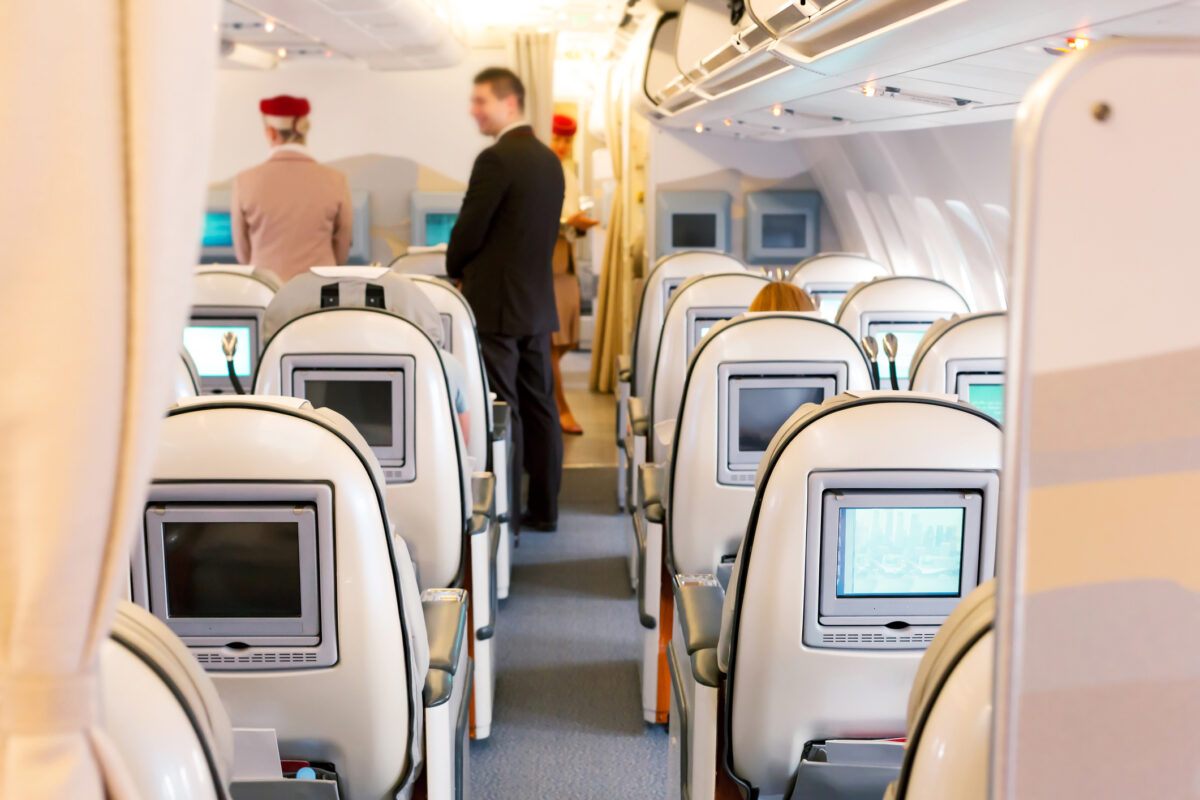 Business class seats in airplane.  (Dreamstime)