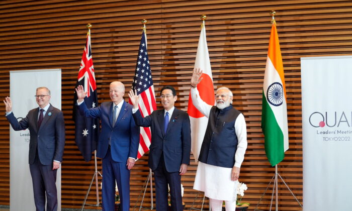 (L–R) Australian Prime Minister Anthony Albanese, U.S. President Joe Biden, Japanese Prime Minister Fumio Kishida, and Indian Prime Minister Narendra Modi pose for photos at the entrance hall of the Prime Minister’s Office of Japan in Tokyo on May 24, 2022. (Zhang Xiaoyu/Reuters)