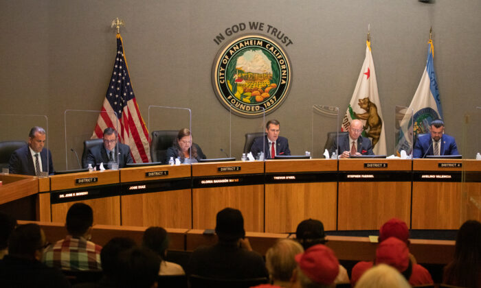 Anaheim city councilors at Anaheim city hall on May 24, 2022. (John Fredricks/The Epoch Times)