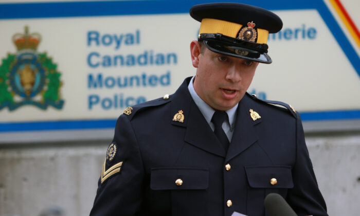 RCMP Cpl. Andres Sanchez provides an update about the closure of the Victoria International Airport which caused all commercial flights to be suspended in Sidney, B.C., on May 24, 2022. (The Canadian Press/Chad Hipolito)