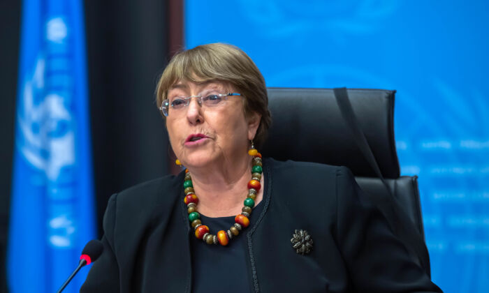 Michelle Bachelet, UN High Commissioner for Human Rights, speaks during a news conference in Geneva, Switzerland, on Dec. 9, 2020. (Martial Trezzini/Keystone via AP)