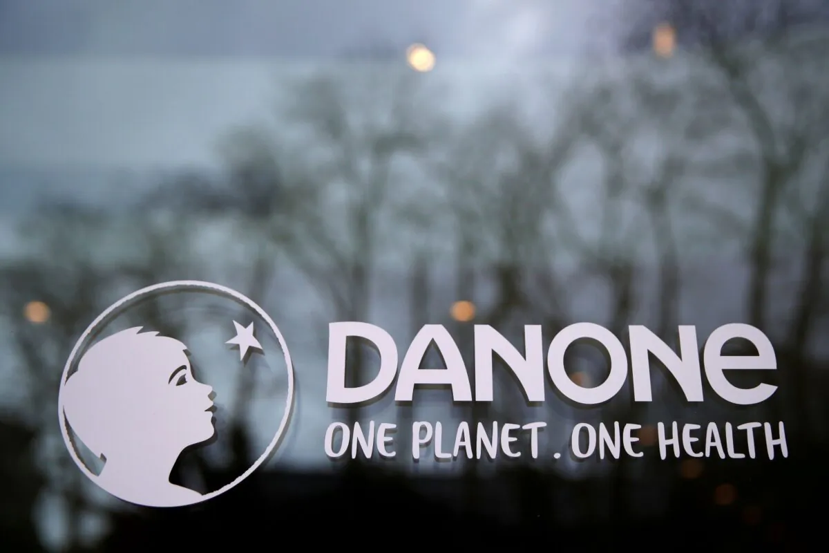 French food group Danone logo at the company headquarters in Rueil-Malmaison near Paris, on Feb.18, 2021. (Gonzalo Fuentes/Reuters)