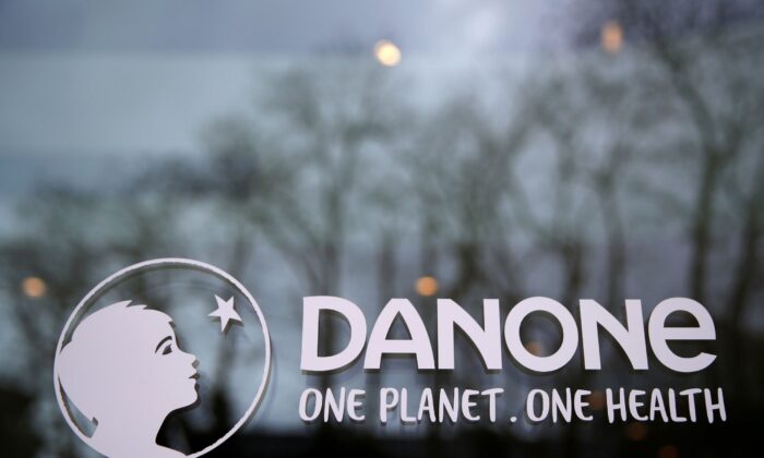 French food group Danone logo at the company headquarters in Rueil-Malmaison near Paris, on Feb.18, 2021. (Gonzalo Fuentes/Reuters)