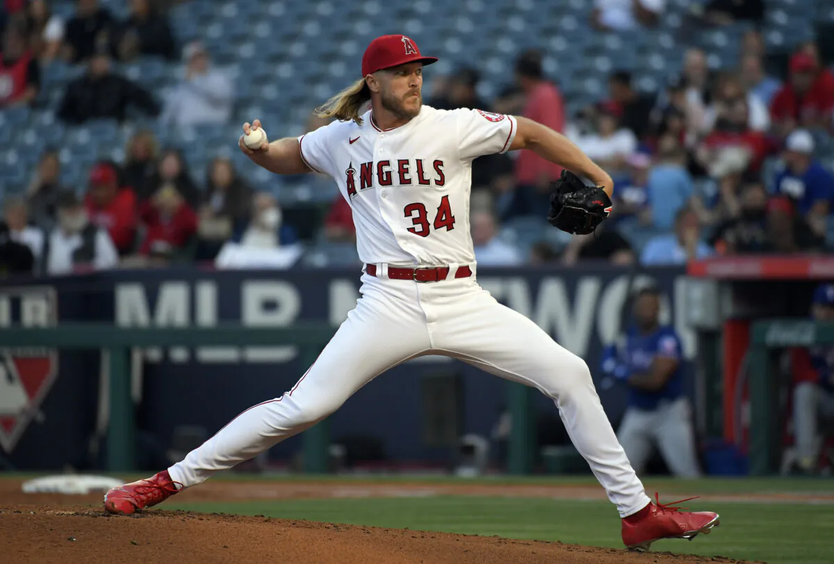 Starting pitcher Noah Syndergaard #34 of the Los Angeles Angels throws against the Texas Rangers during the second inning at Angel Stadium of Anaheim, in Anaheim, on May 24, 2022. (Kevork Djansezian/Getty Images)