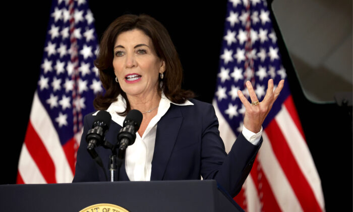 New York Gov. Kathy Hochul speaks to guests during an event with President Joe Biden and several family members of victims of the Tops market shooting at the Delavan Grider Community Center in Buffalo, N.Y., on May 17, 2022. (Scott Olson/Getty Images)