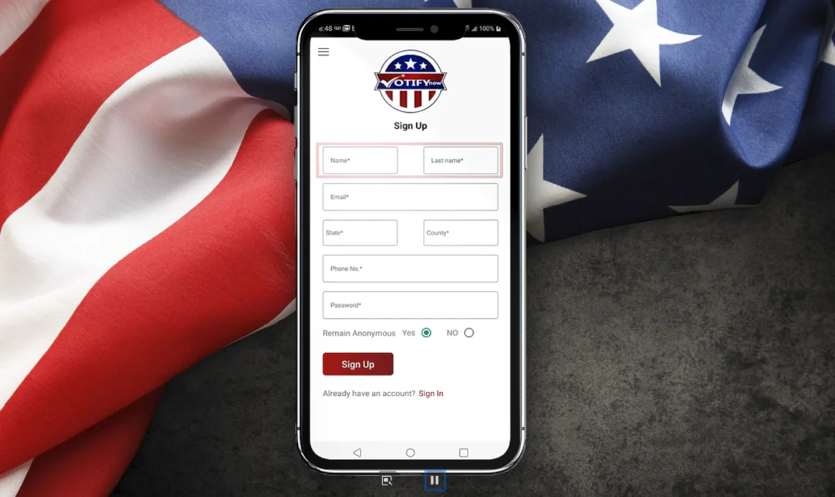 The VotifyNow app, which allows users to share information about suspected election irregularities and fraud. (Screenshot)