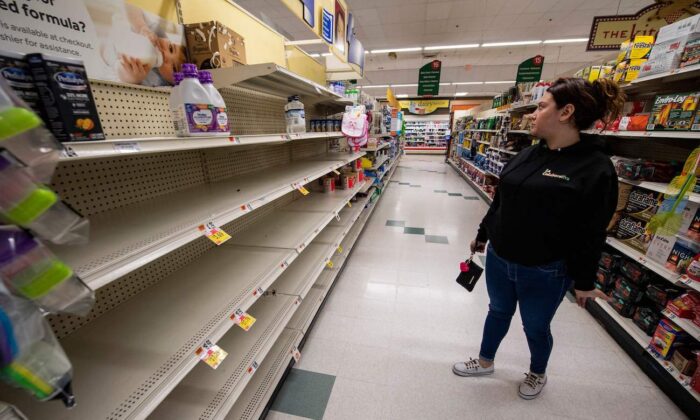 Shelves are empty of baby formula at a store in Chelsea, Massachusetts, on May 20, 2022. (Joseph PreziosoAFP via Getty Images)