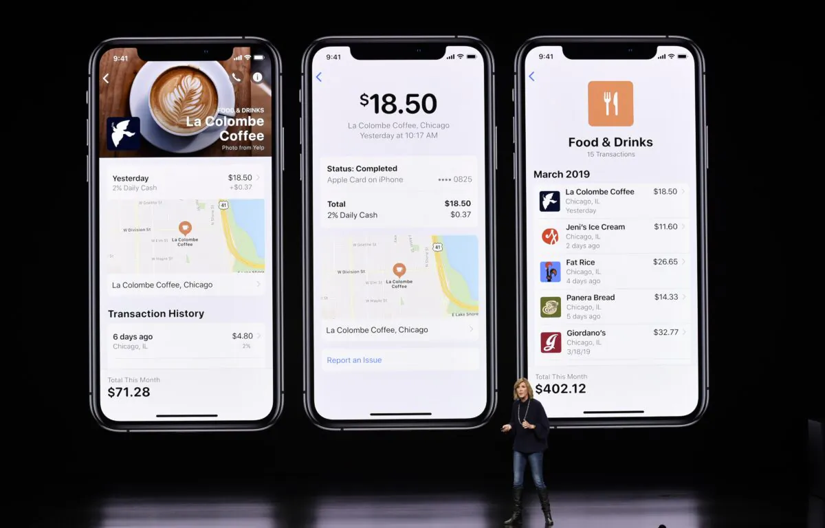Jennifer Bailey, vice president of Apple Pay, speaks during an Apple product launch event at the Steve Jobs Theater at Apple Park in Cupertino, California on March 25, 2019. (Michael Short/Getty Images)